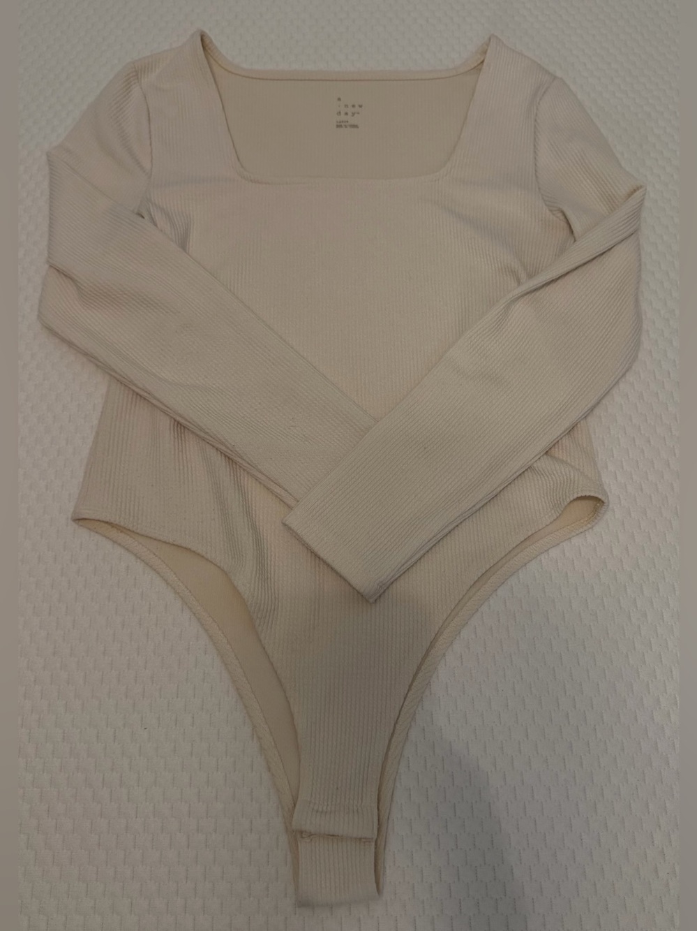 a new day Ribbed Long Sleeve Square Neck Bodysuit in Beige-Cream